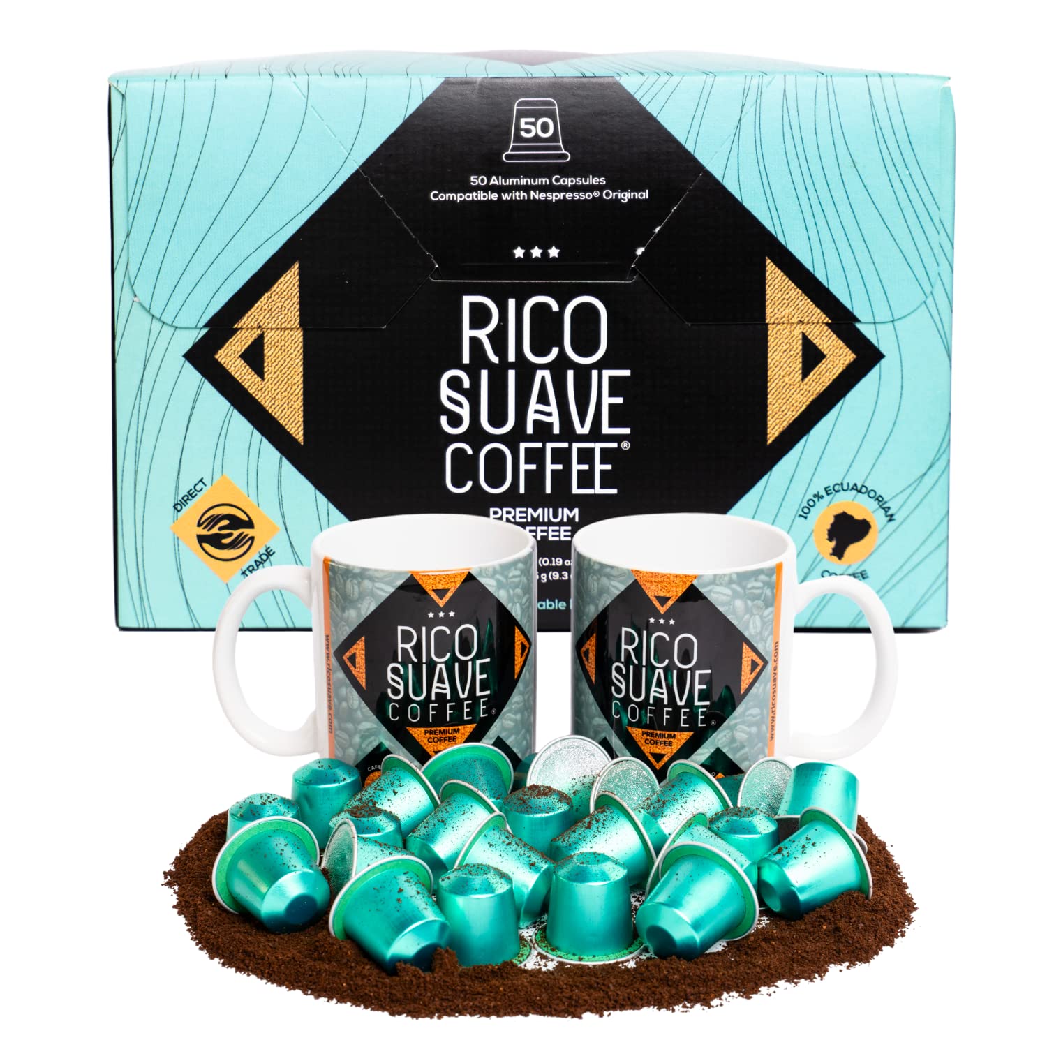 RICO SUAVE COFFEE Premium Coffee Pods 100% Ecuadorian, Highland Arabica, Medium - Dark Roast Coffee, 50 Capsules 9.3 0z pack